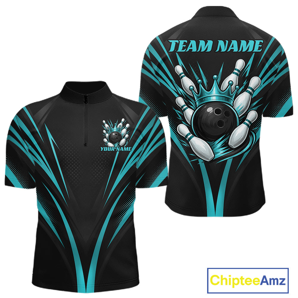 Custom Black And Turquoise Blue Crown Bowling Men Quarter Zip Shirt, Bowling League Team Shirt IPHW12193