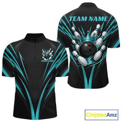 Custom Black And Turquoise Blue Crown Bowling Men Quarter Zip Shirt, Bowling League Team Shirt IPHW12193