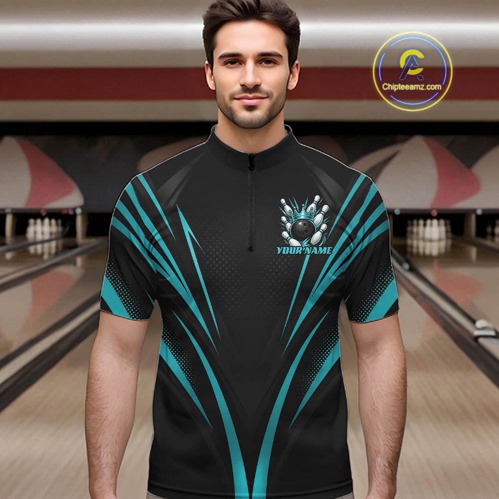 Custom Black And Turquoise Blue Crown Bowling Men Quarter Zip Shirt, Bowling League Team Shirt IPHW12193