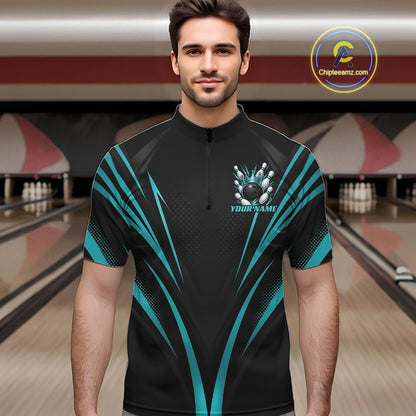 Custom Black And Turquoise Blue Crown Bowling Men Quarter Zip Shirt, Bowling League Team Shirt IPHW12193
