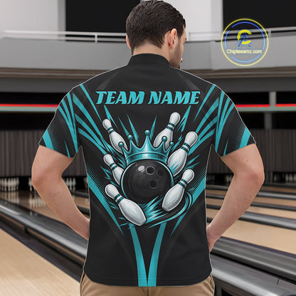 Custom Black And Turquoise Blue Crown Bowling Men Quarter Zip Shirt, Bowling League Team Shirt IPHW12193