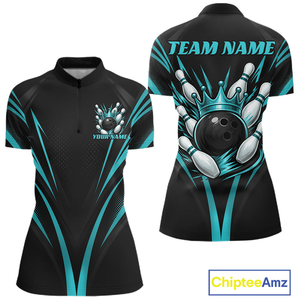 Custom Turquoise Blue Crown Bowling Women Quarter-Zip Shirt, Bowling League Team Shirt IPHW12193