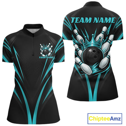 Custom Turquoise Blue Crown Bowling Women Quarter-Zip Shirt, Bowling League Team Shirt IPHW12193
