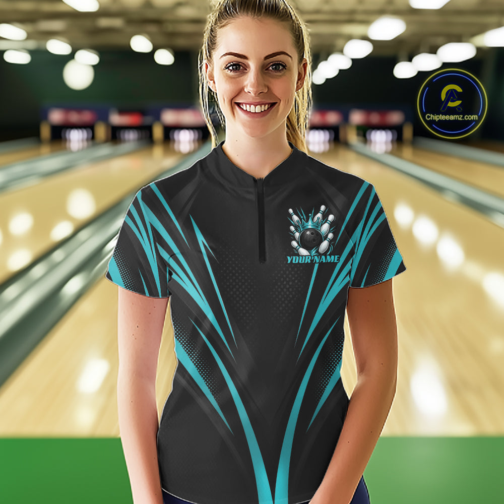 Custom Turquoise Blue Crown Bowling Women Quarter-Zip Shirt, Bowling League Team Shirt IPHW12193