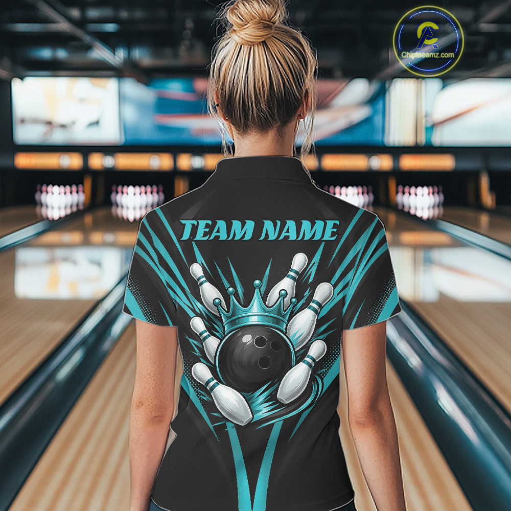 Custom Turquoise Blue Crown Bowling Women Quarter-Zip Shirt, Bowling League Team Shirt IPHW12193