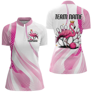 White And Pink Cute Flamingo Custom Bowling Shirts For Women, Flamingo Bowling Team Uniform IPHW7734