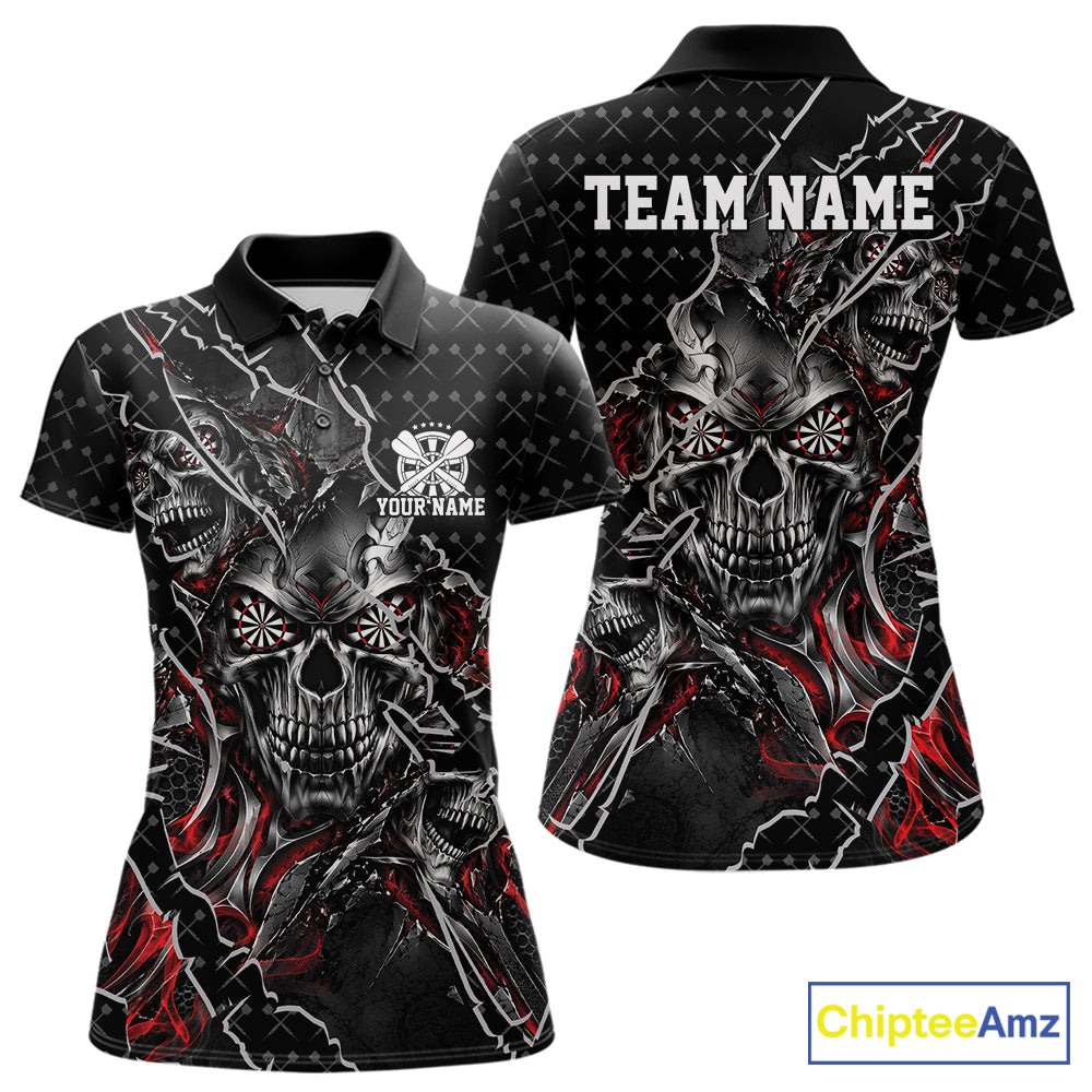 Custom Black And Red Skull Dart Women Polo Shirt, Dart Pattern Halloween Dart Jersey IPHW12626