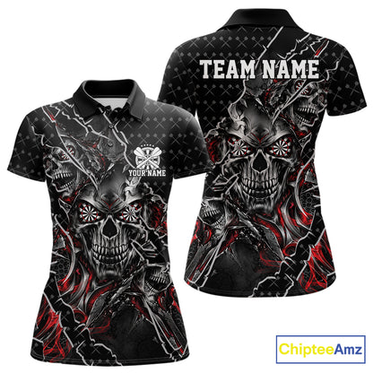 Custom Black And Red Skull Dart Women Polo Shirt, Dart Pattern Halloween Dart Jersey IPHW12626