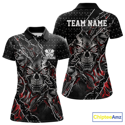 Custom Black And Red Skull Dart Women Polo Shirt, Dart Pattern Halloween Dart Jersey IPHW12626