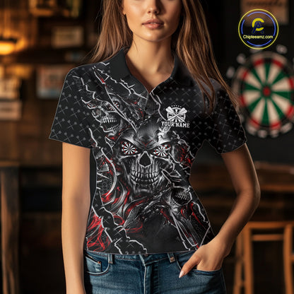 Custom Black And Red Skull Dart Women Polo Shirt, Dart Pattern Halloween Dart Jersey IPHW12626