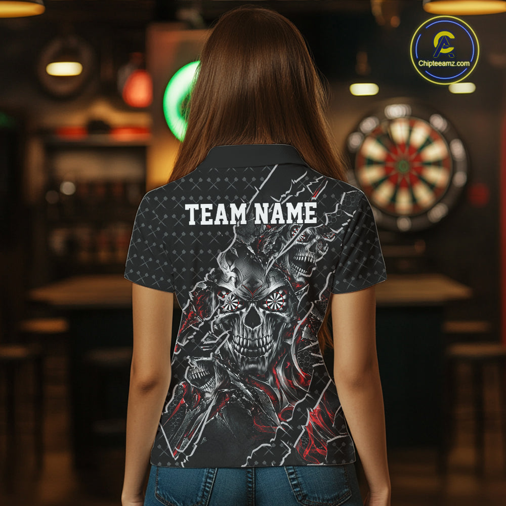 Custom Black And Red Skull Dart Women Polo Shirt, Dart Pattern Halloween Dart Jersey IPHW12626