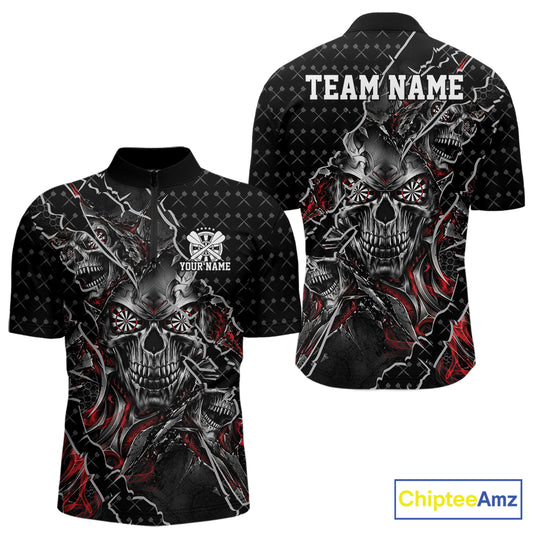 Custom Black And Red Skull Dart Men Quarter Zip Shirt, Dart Pattern Halloween Dart Jersey IPHW12626