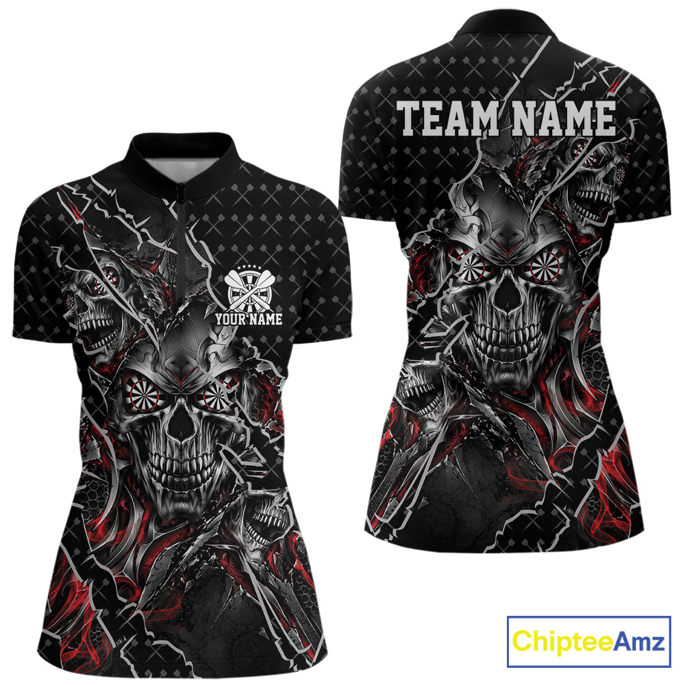 Custom Black And Red Skull Dart Women Quarter-Zip Shirt, Halloween Dart Jersey IPHW12626