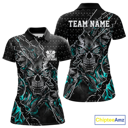 Custom Black And Turquoise Skull Dart Women Polo Shirt, Dart Pattern Halloween Dart Jersey IPHW12627