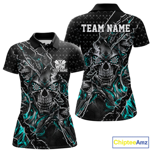 Custom Black And Turquoise Skull Dart Women Polo Shirt, Dart Pattern Halloween Dart Jersey IPHW12627
