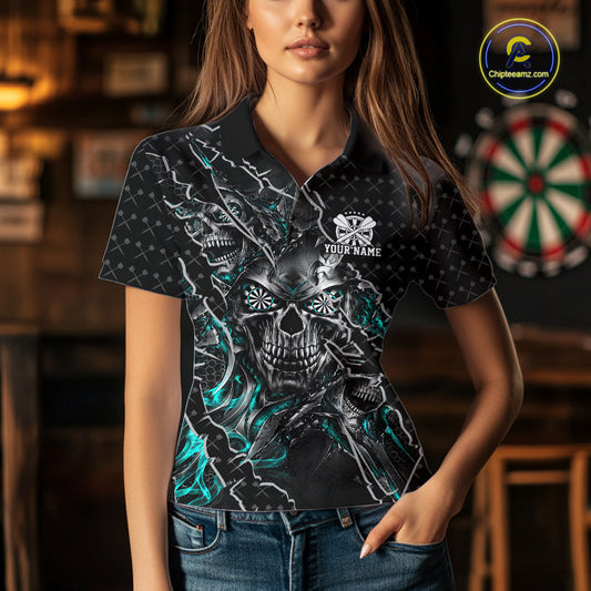 Custom Black And Turquoise Skull Dart Women Polo Shirt, Dart Pattern Halloween Dart Jersey IPHW12627