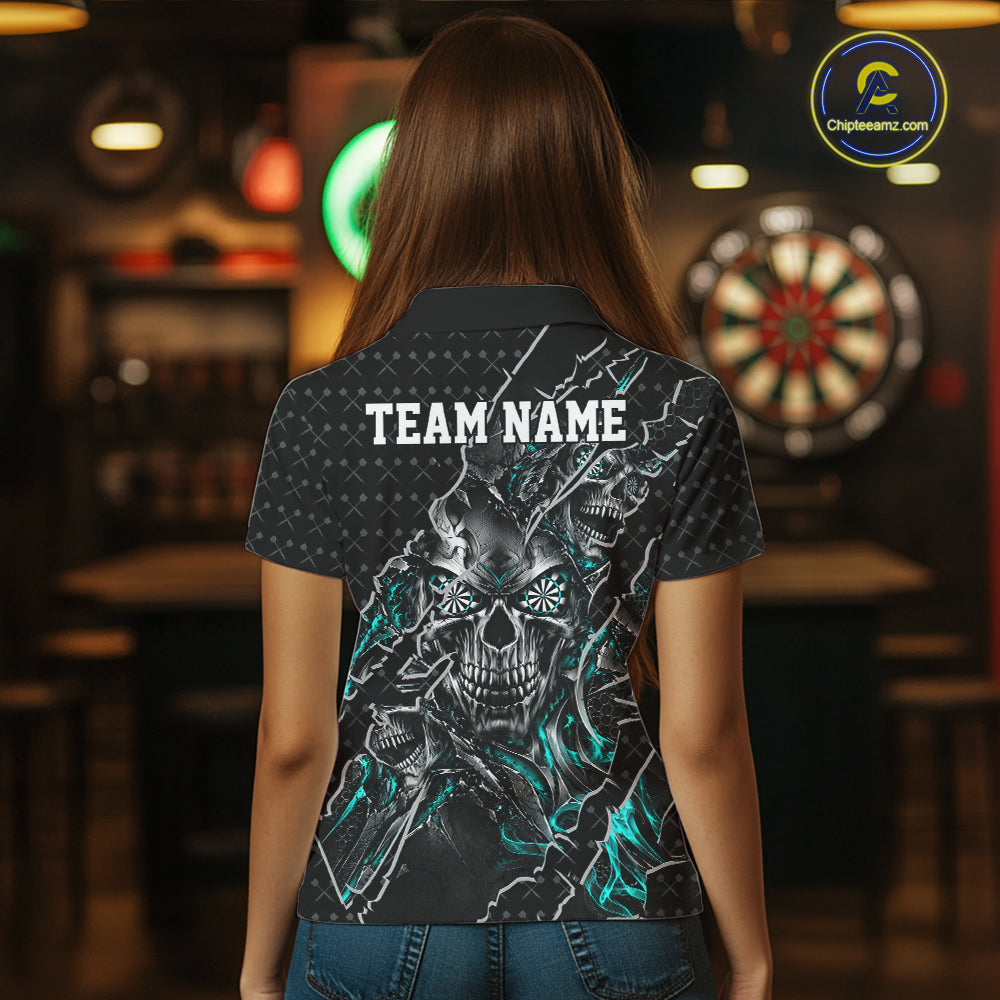 Custom Black And Turquoise Skull Dart Women Polo Shirt, Dart Pattern Halloween Dart Jersey IPHW12627