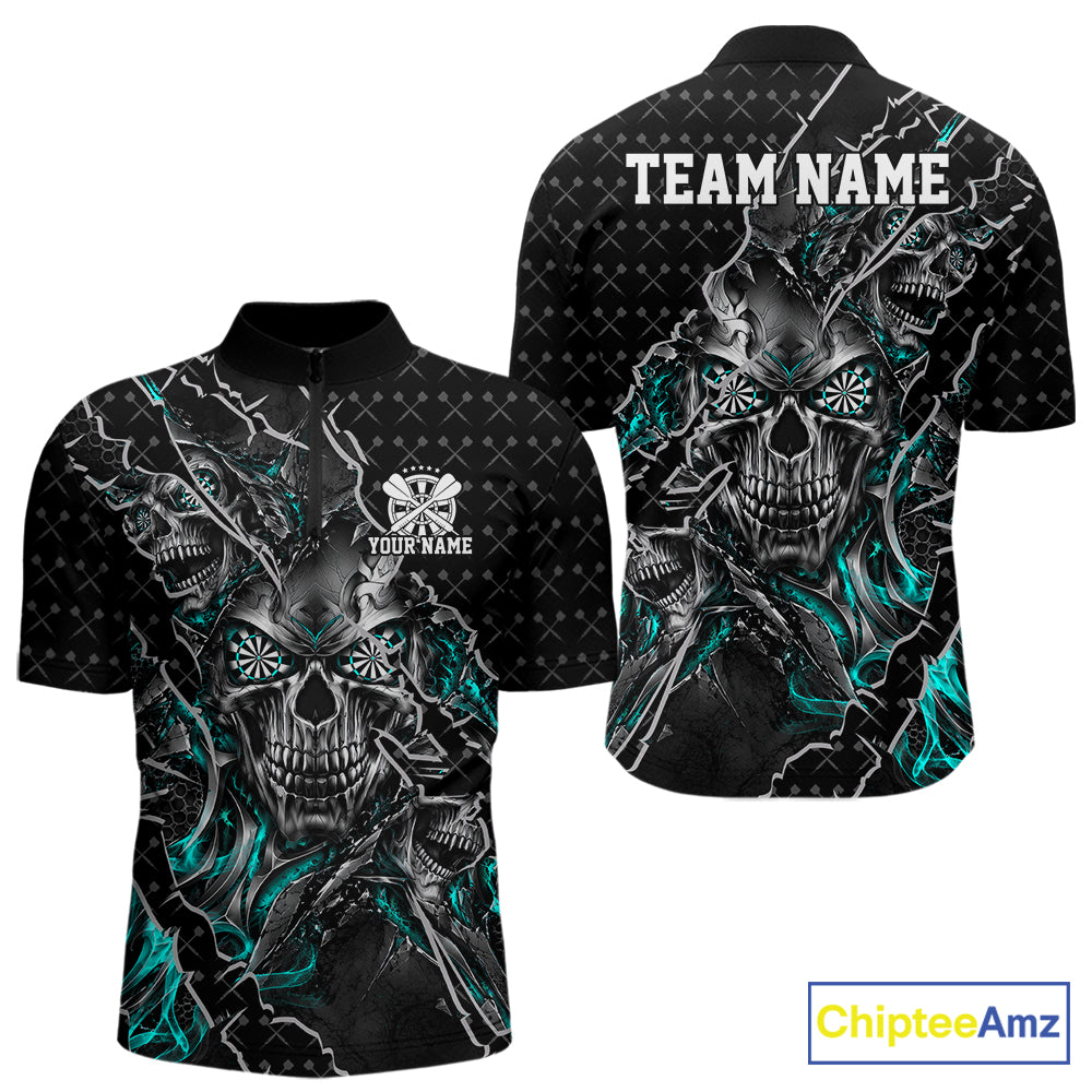 Custom Black And Turquoise Skull Dart Men Quarter Zip Shirt, Dart Pattern Halloween Dart Jersey IPHW12627