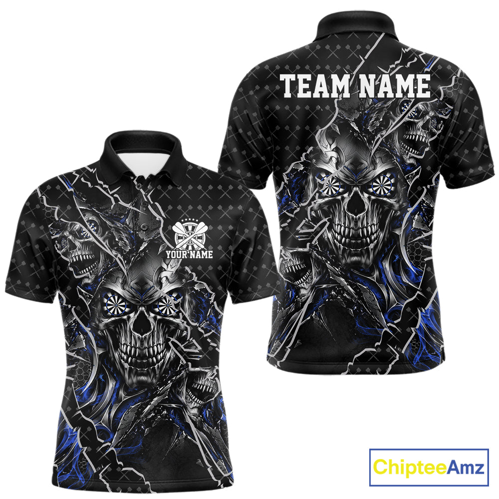 Custom Black And Blue Skull Dart Men Polo Shirt, Dart Pattern Halloween Dart Jersey IPHW12628