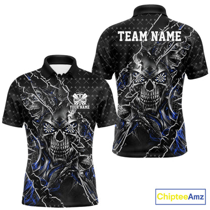 Custom Black And Blue Skull Dart Men Polo Shirt, Dart Pattern Halloween Dart Jersey IPHW12628