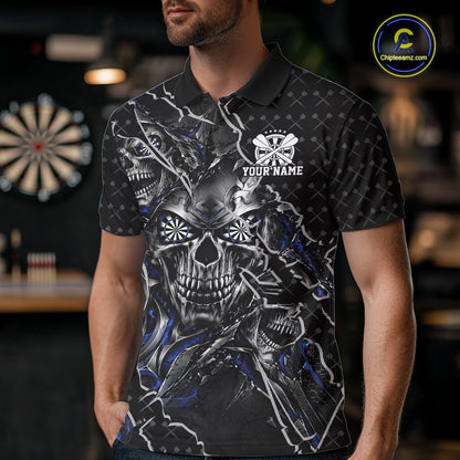 Custom Black And Blue Skull Dart Men Polo Shirt, Dart Pattern Halloween Dart Jersey IPHW12628