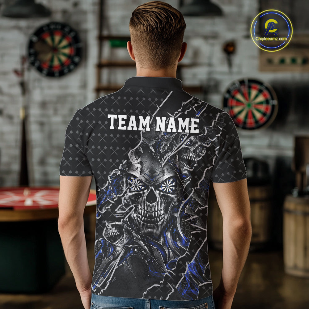 Custom Black And Blue Skull Dart Men Polo Shirt, Dart Pattern Halloween Dart Jersey IPHW12628