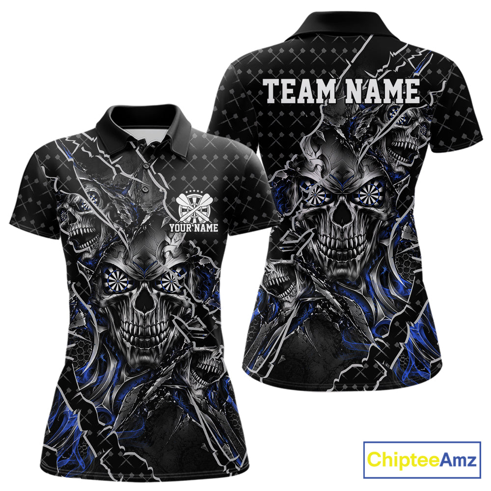 Custom Black And Blue Skull Dart Women Polo Shirt, Dart Pattern Halloween Dart Jersey IPHW12628