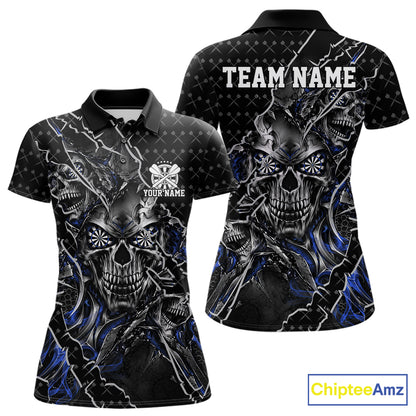 Custom Black And Blue Skull Dart Women Polo Shirt, Dart Pattern Halloween Dart Jersey IPHW12628