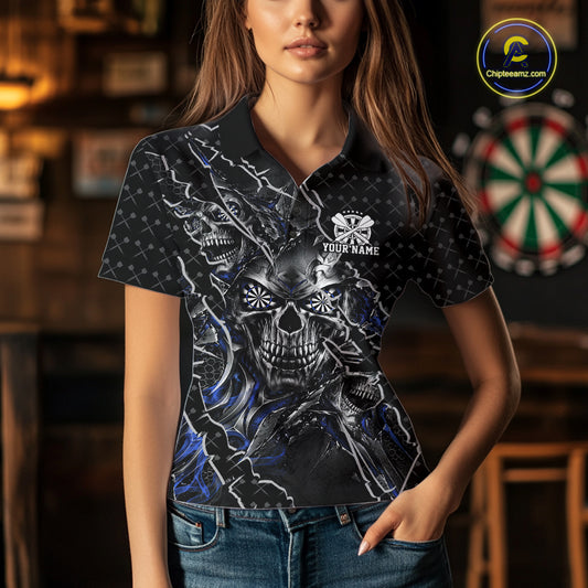 Custom Black And Blue Skull Dart Women Polo Shirt, Dart Pattern Halloween Dart Jersey IPHW12628