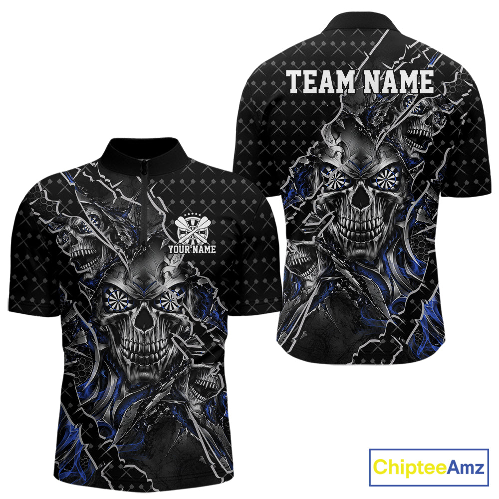 Custom Black And Blue Skull Dart Men Quarter Zip Shirt, Dart Pattern Halloween Dart Jersey IPHW12628