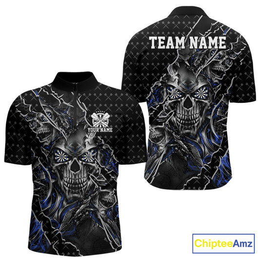 Custom Black And Blue Skull Dart Men Quarter Zip Shirt, Dart Pattern Halloween Dart Jersey IPHW12628