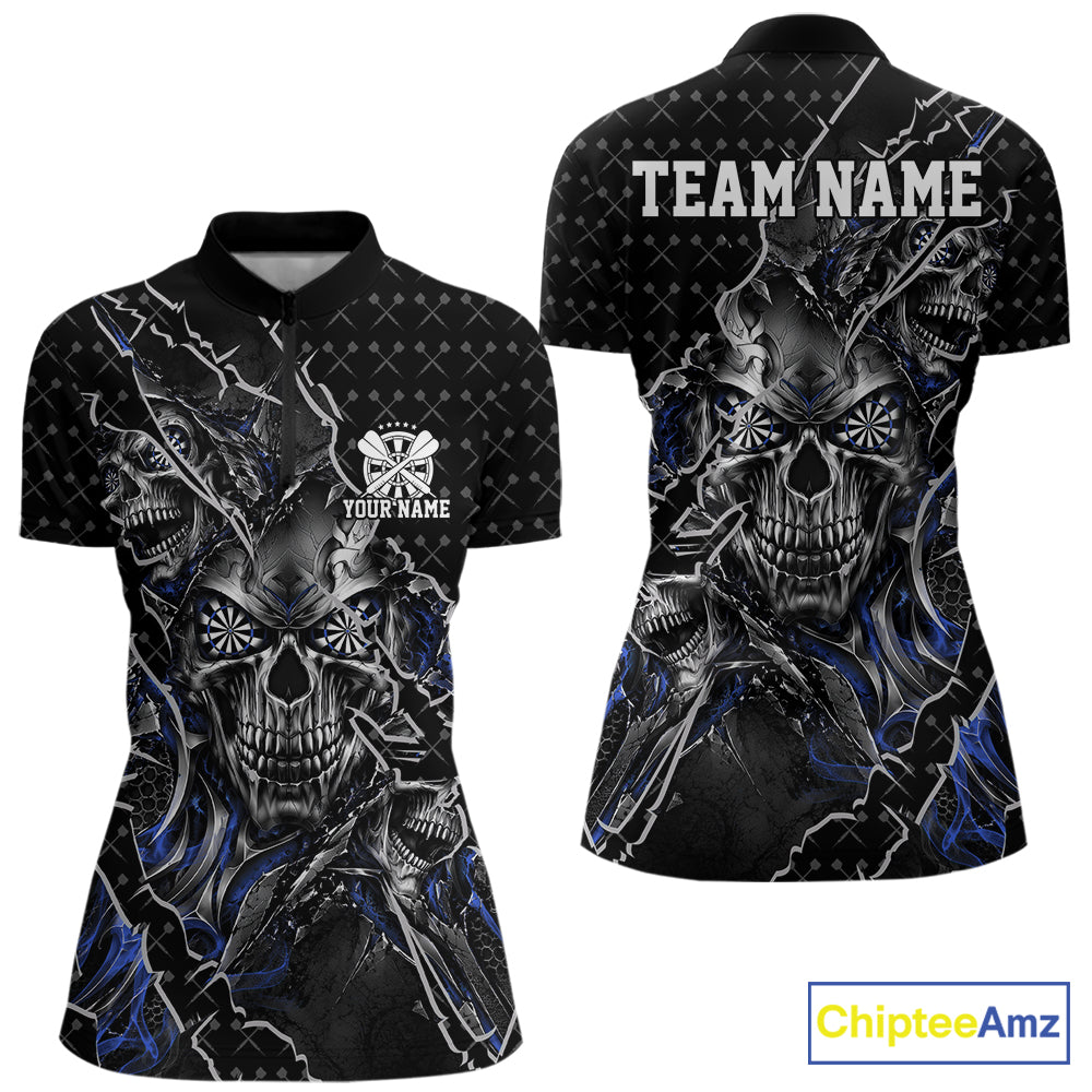 Custom Black And Blue Skull Dart Women Quarter-Zip Shirt, Halloween Dart Jersey IPHW12628
