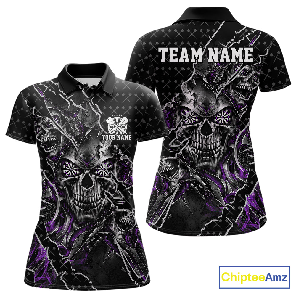 Custom Black And Purple Skull Dart Women Polo Shirt, Dart Pattern Halloween Dart Jersey IPHW12629