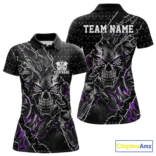 Custom Black And Purple Skull Dart Women Polo Shirt, Dart Pattern Halloween Dart Jersey IPHW12629