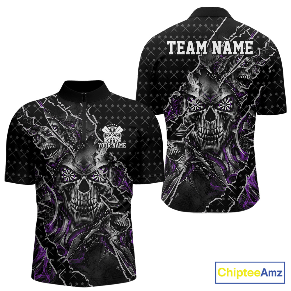 Custom Black And Purple Skull Dart Men Quarter Zip Shirt, Dart Pattern Halloween Dart Jersey IPHW12629