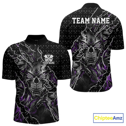 Custom Black And Purple Skull Dart Men Quarter Zip Shirt, Dart Pattern Halloween Dart Jersey IPHW12629