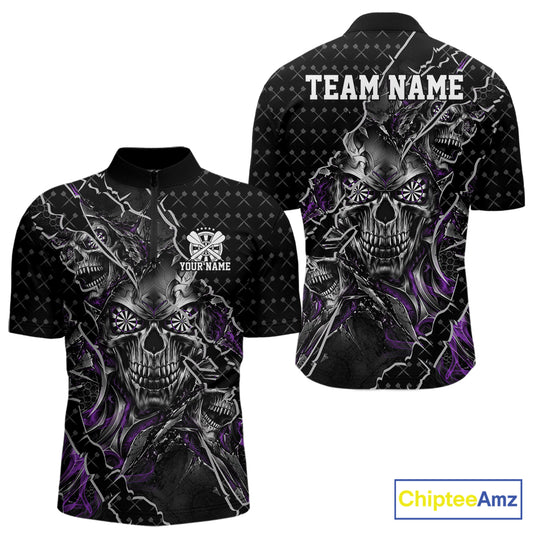 Custom Black And Purple Skull Dart Men Quarter Zip Shirt, Dart Pattern Halloween Dart Jersey IPHW12629