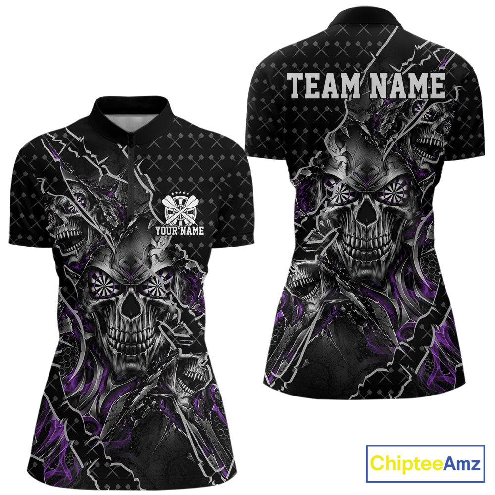 Custom Black And Purple Skull Dart Women Quarter-Zip Shirt, Halloween Dart Jersey IPHW12629