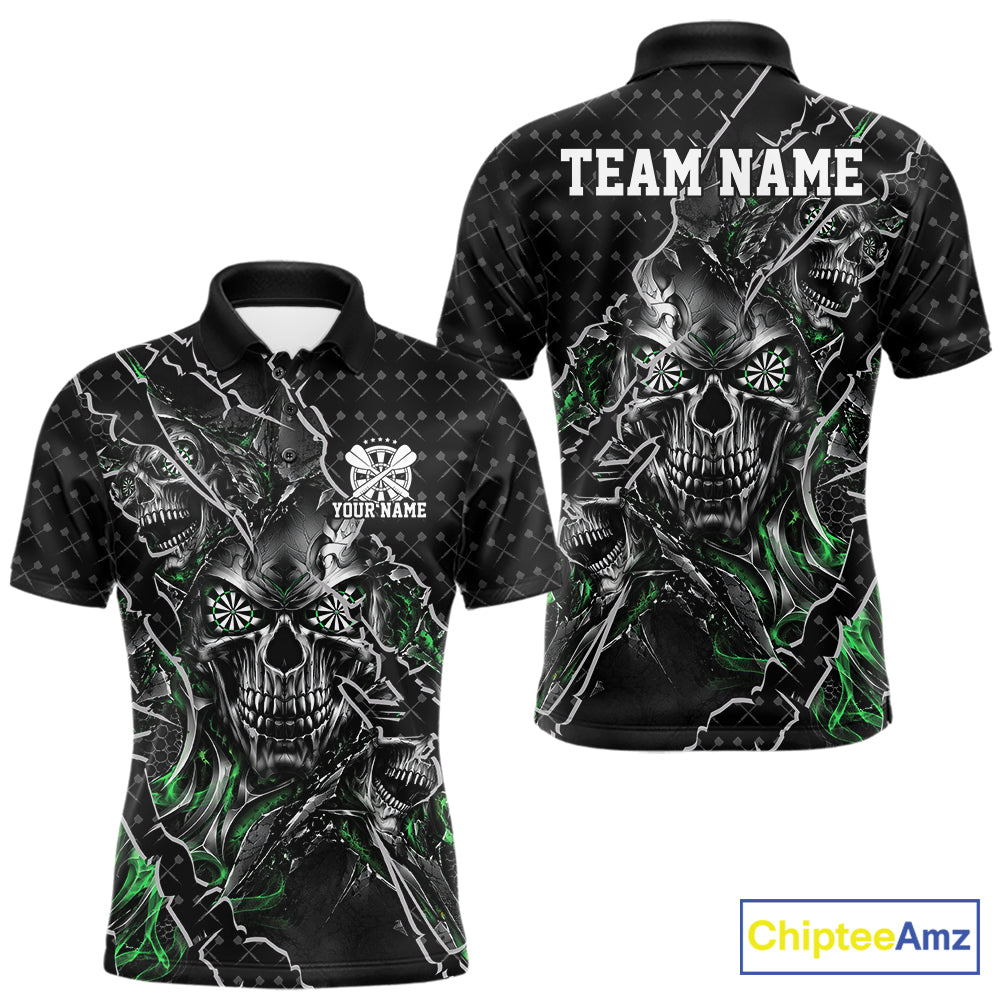 Custom Black And Green Skull Dart Men Polo Shirt, Dart Pattern Halloween Dart Jersey IPHW12630