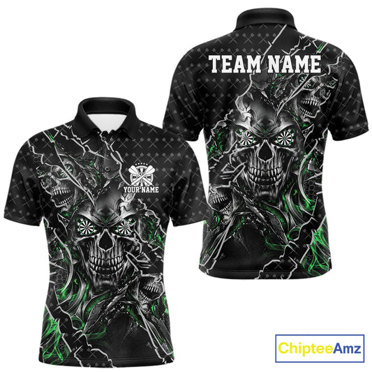 Custom Black And Green Skull Dart Men Polo Shirt, Dart Pattern Halloween Dart Jersey IPHW12630