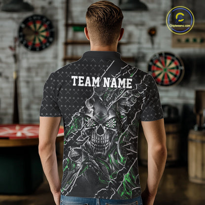 Custom Black And Green Skull Dart Men Polo Shirt, Dart Pattern Halloween Dart Jersey IPHW12630