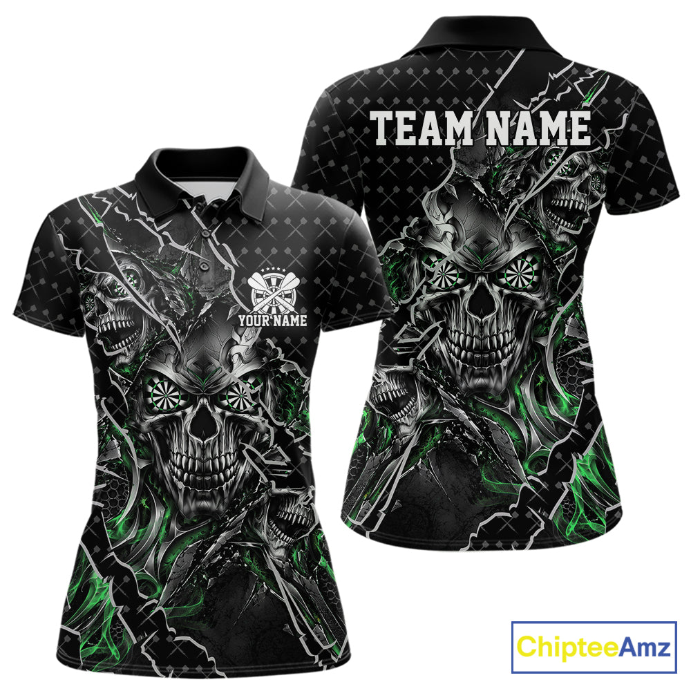 Custom Black And Green Skull Dart Women Polo Shirt, Dart Pattern Halloween Dart Jersey IPHW12630