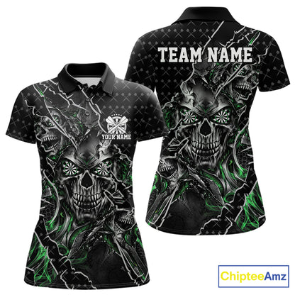 Custom Black And Green Skull Dart Women Polo Shirt, Dart Pattern Halloween Dart Jersey IPHW12630
