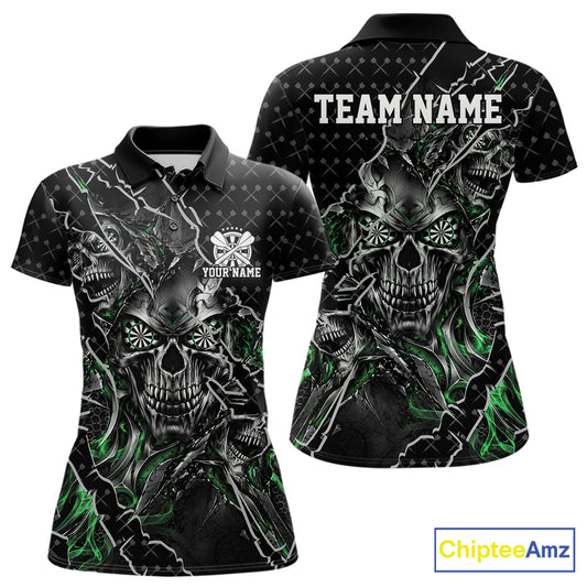 Custom Black And Green Skull Dart Women Polo Shirt, Dart Pattern Halloween Dart Jersey IPHW12630