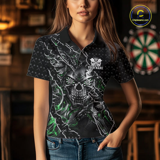 Custom Black And Green Skull Dart Women Polo Shirt, Dart Pattern Halloween Dart Jersey IPHW12630