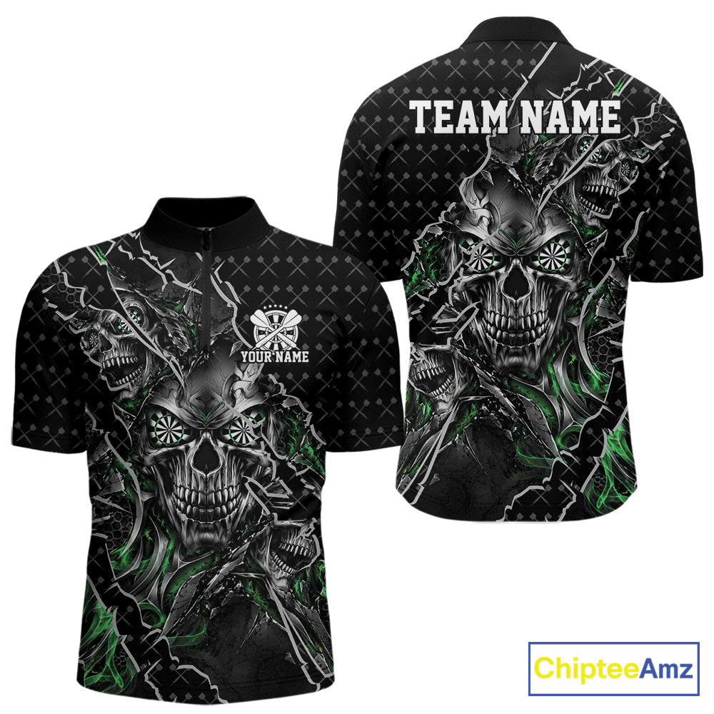 Custom Black And Green Skull Dart Men Quarter Zip Shirt, Dart Pattern Halloween Dart Jersey IPHW12630