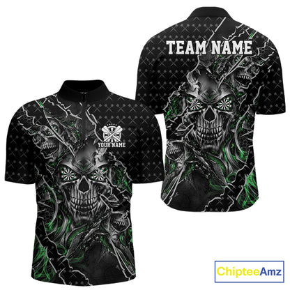 Custom Black And Green Skull Dart Men Quarter Zip Shirt, Dart Pattern Halloween Dart Jersey IPHW12630