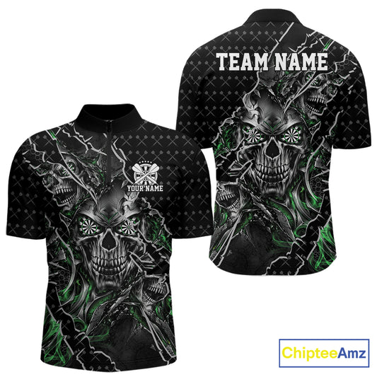 Custom Black And Green Skull Dart Men Quarter Zip Shirt, Dart Pattern Halloween Dart Jersey IPHW12630