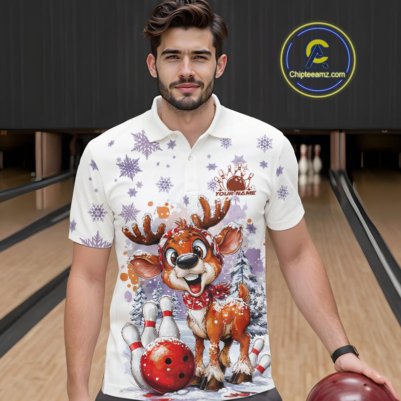 Custom Cute Funny Reindeer Christmas Bowling Men Polo Shirts, Xmas Team Bowling Shirt IPHW10112