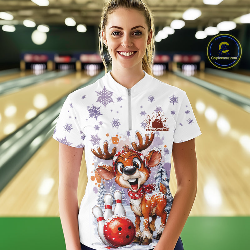 Custom Cute Funny Reindeer Christmas Bowling Women Quarter-Zip Shirt, Xmas Bowling Shirt IPHW10112